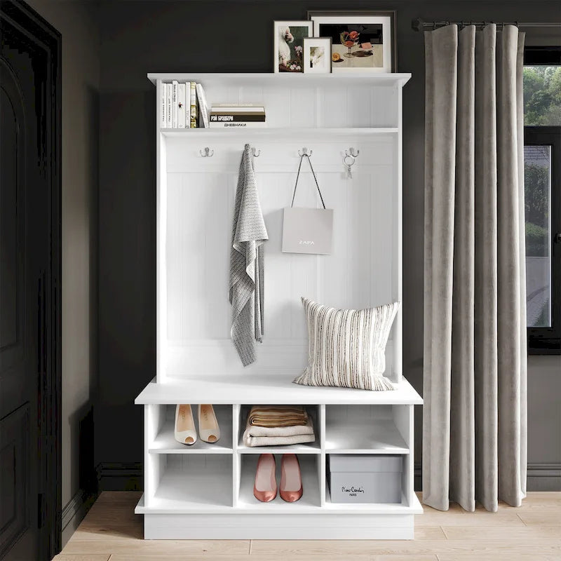 Meuble d'entrée avec banc et patères, gris clair / marron / noir / blanc / gris foncé