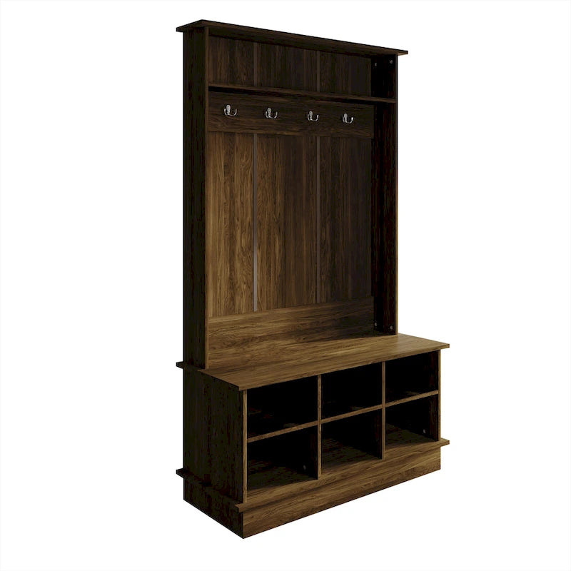 Meuble d'entrée avec banc et patères, gris clair / marron / noir / blanc / gris foncé