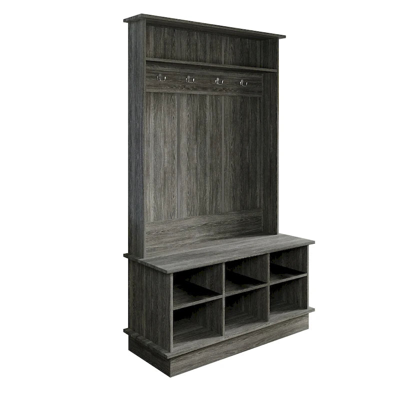 Meuble d'entrée avec banc et patères, gris clair / marron / noir / blanc / gris foncé