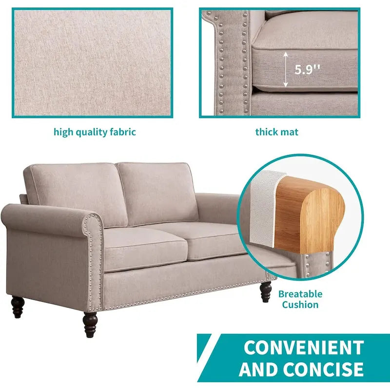 Causeuse en lin, 2 places, Gris foncé / Gris clair / Beige