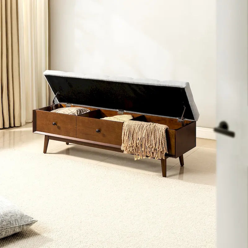 Banc de rangement capitonné rabattable mi-siècle Noyer/Chêne, 2 personnes