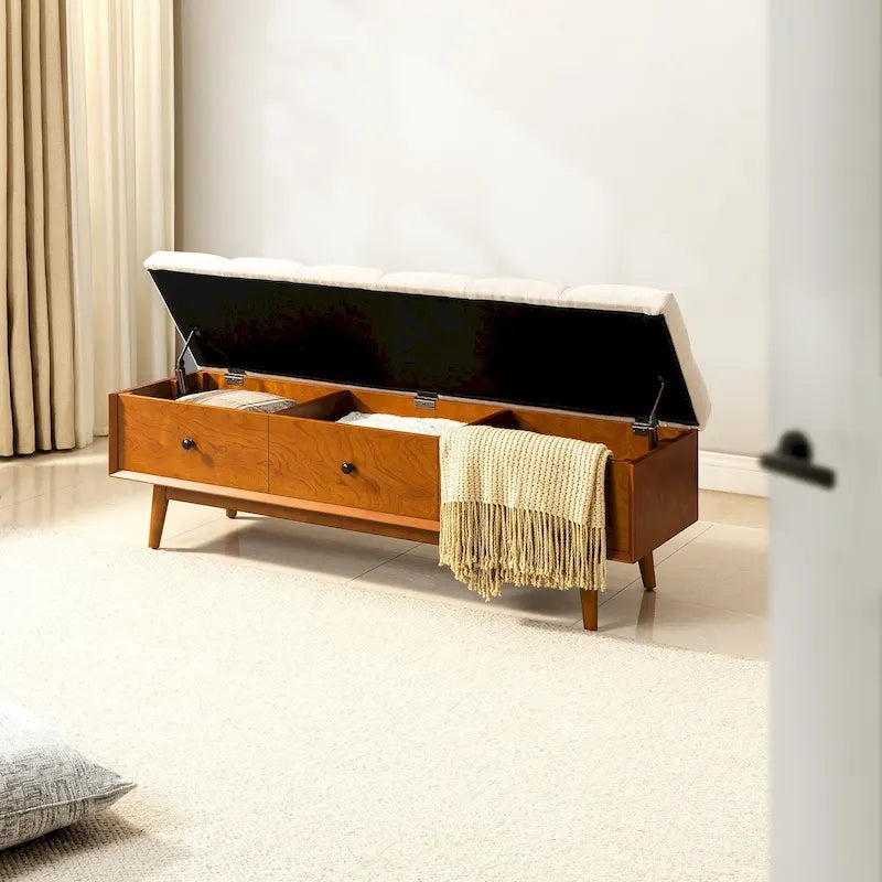 Banc de rangement capitonné rabattable mi-siècle Noyer/Chêne, 2 personnes