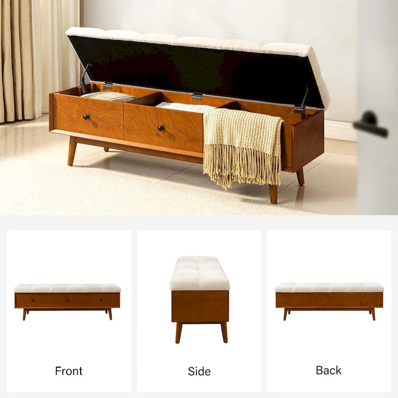 Banc de rangement capitonné rabattable mi-siècle Noyer/Chêne, 2 personnes