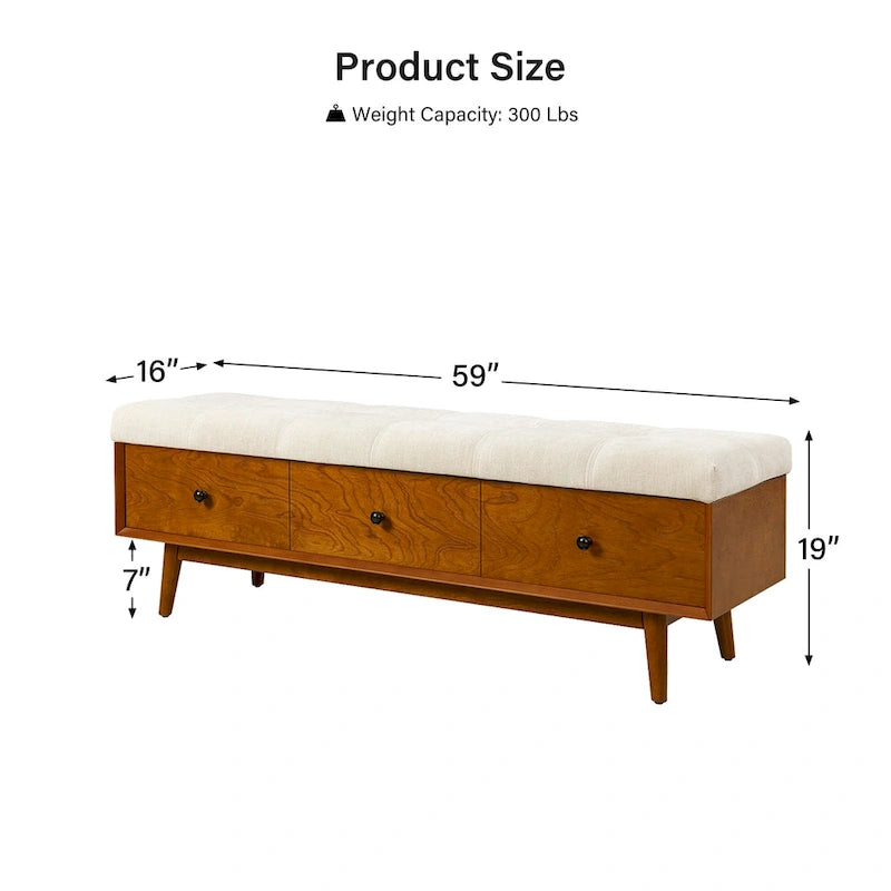 Banc de rangement capitonné rabattable mi-siècle Noyer/Chêne, 2 personnes
