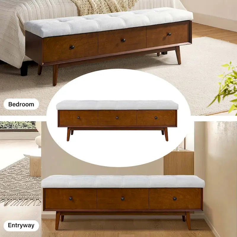 Banc de rangement capitonné rabattable mi-siècle Noyer/Chêne, 2 personnes
