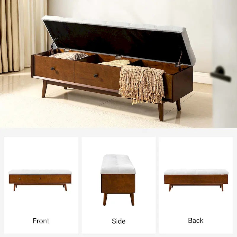 Banc de rangement capitonné rabattable mi-siècle Noyer/Chêne, 2 personnes