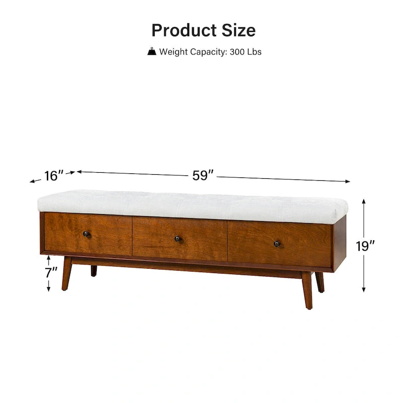 Banc de rangement capitonné rabattable mi-siècle Noyer/Chêne, 2 personnes