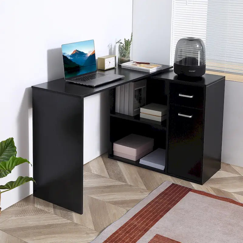 Bureau d'angle informatique en L/I noir/blanc avec rangement, poste de travail individuel