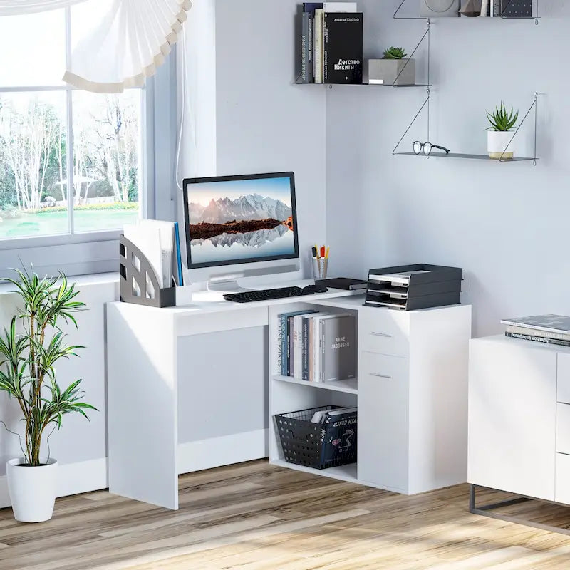 Bureau d'angle informatique en L/I noir/blanc avec rangement, poste de travail individuel