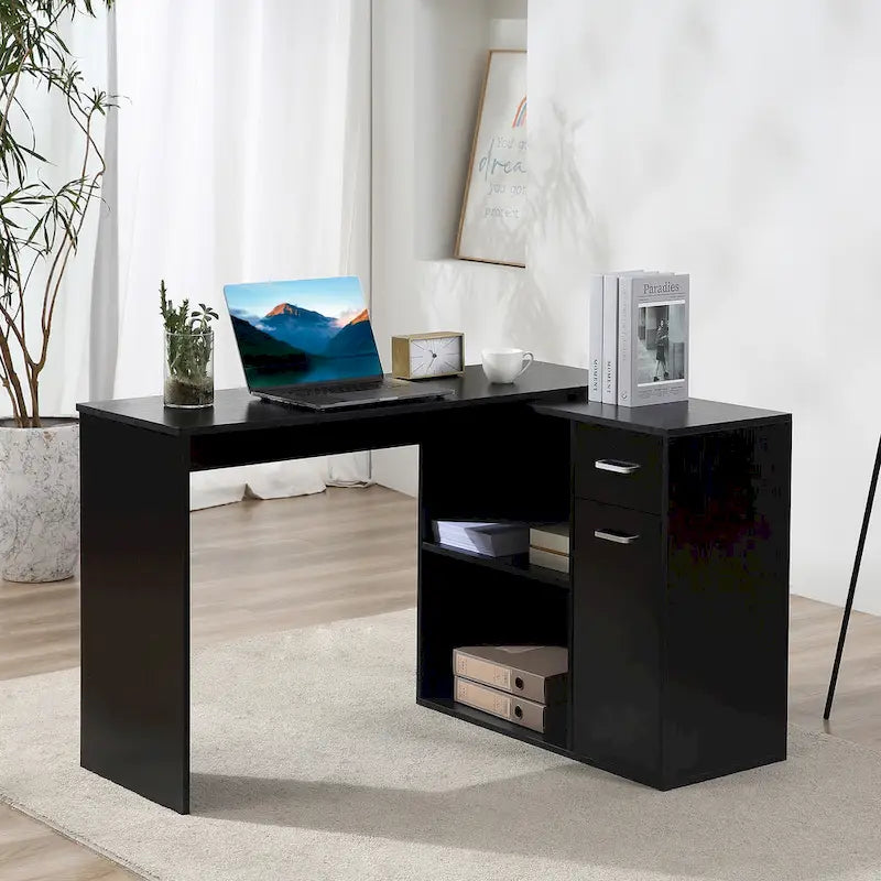 Bureau d'angle informatique en L/I noir/blanc avec rangement, poste de travail individuel
