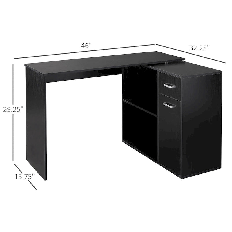 Bureau d'angle informatique en L/I noir/blanc avec rangement, poste de travail individuel