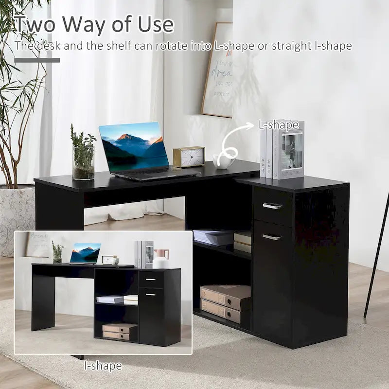 Bureau d'angle informatique en L/I noir/blanc avec rangement, poste de travail individuel