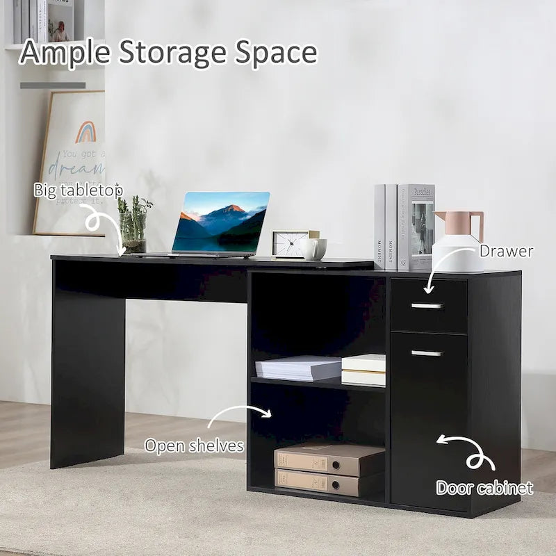 Bureau d'angle informatique en L/I noir/blanc avec rangement, poste de travail individuel
