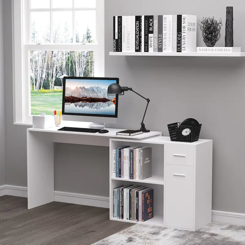 Bureau d'angle informatique en L/I noir/blanc avec rangement, poste de travail individuel