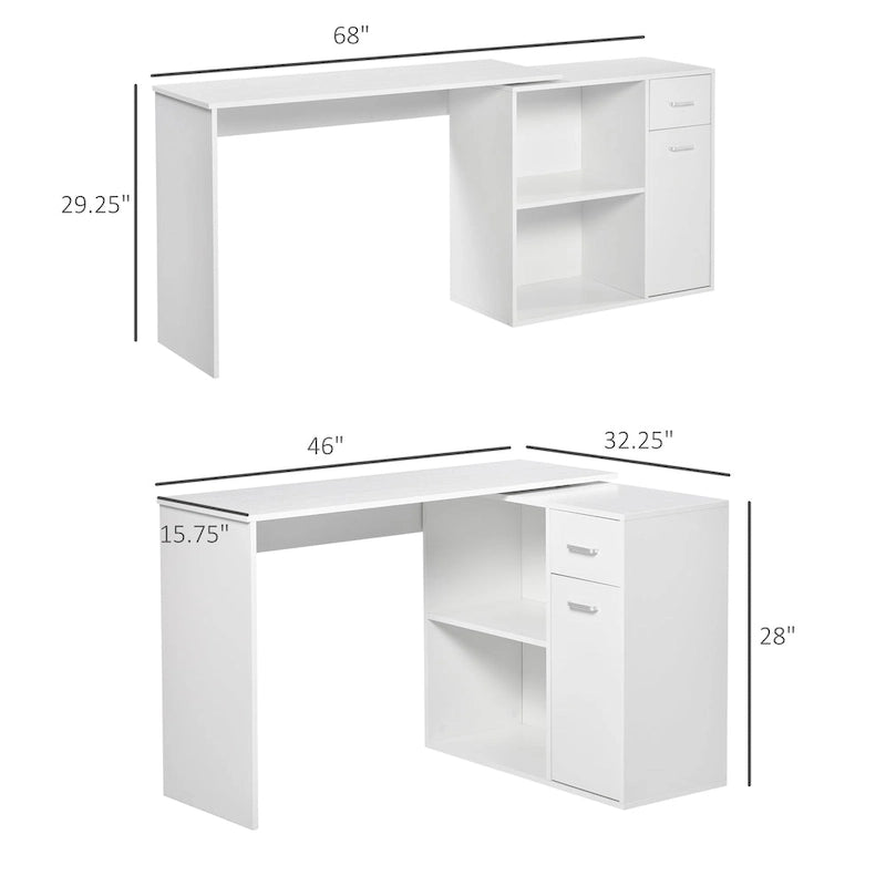 Bureau d'angle informatique en L/I noir/blanc avec rangement, poste de travail individuel
