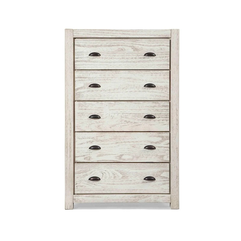 Commode en bois massif rustique à 5 tiroirs – Gris rustique / Blanc cassé / Noyer / Bois flotté / Noir campagnard