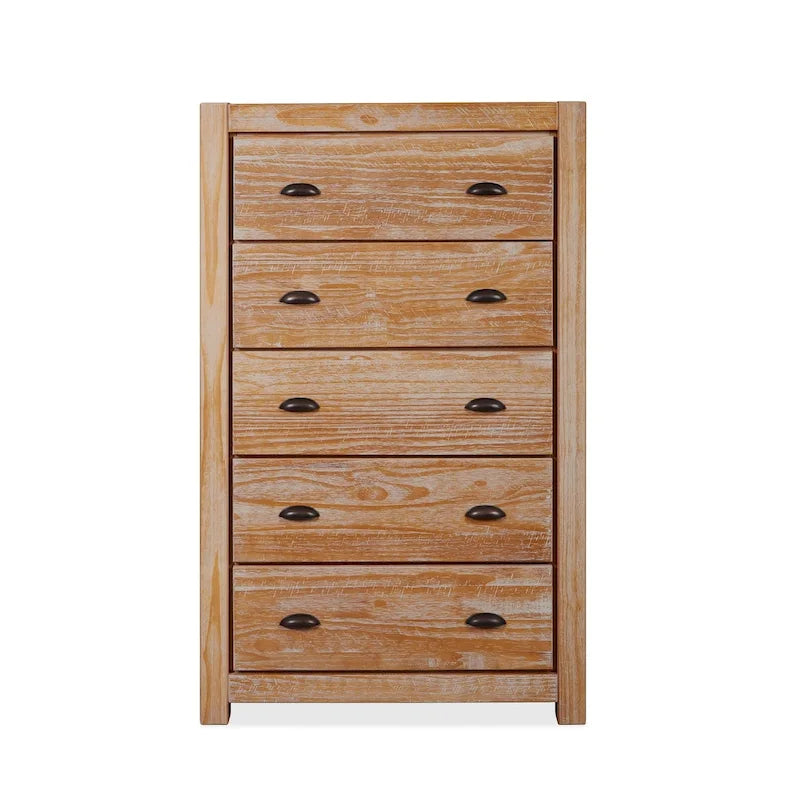 Commode en bois massif rustique à 5 tiroirs – Gris rustique / Blanc cassé / Noyer / Bois flotté / Noir campagnard