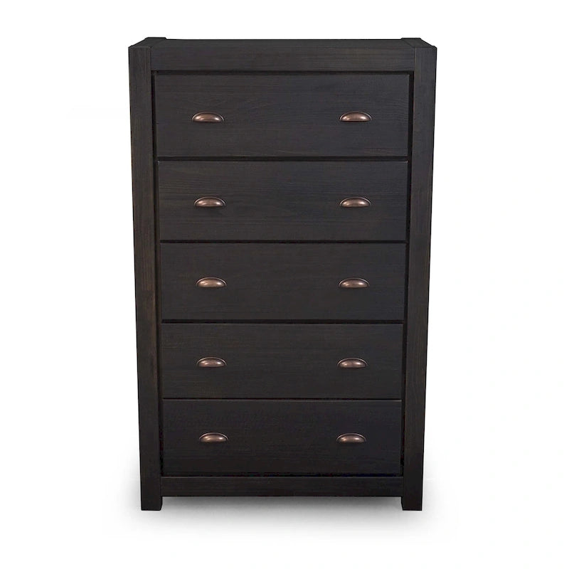 Commode en bois massif rustique à 5 tiroirs – Gris rustique / Blanc cassé / Noyer / Bois flotté / Noir campagnard