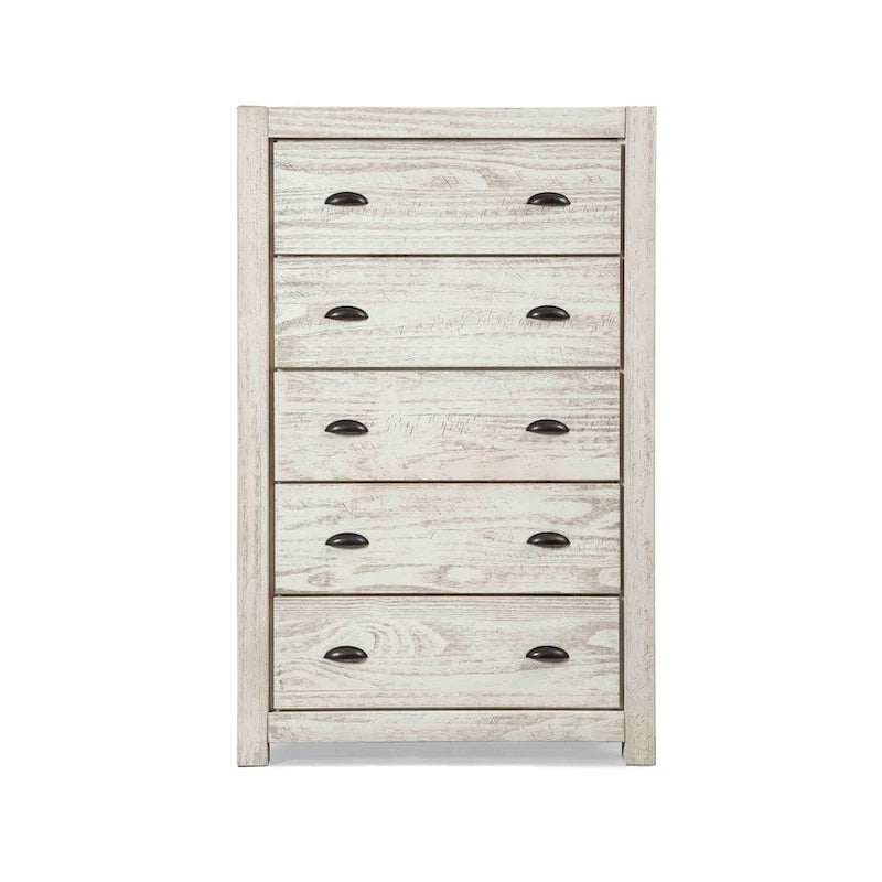 Commode en bois massif rustique à 5 tiroirs – Gris rustique / Blanc cassé / Noyer / Bois flotté / Noir campagnard