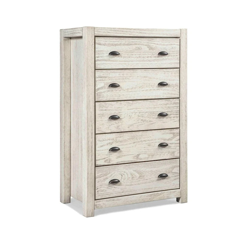 Commode en bois massif rustique à 5 tiroirs – Gris rustique / Blanc cassé / Noyer / Bois flotté / Noir campagnard