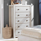Commode en bois massif rustique à 5 tiroirs – Gris rustique / Blanc cassé / Noyer / Bois flotté / Noir campagnard