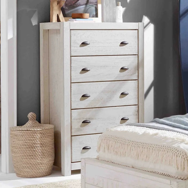 Commode en bois massif rustique à 5 tiroirs – Gris rustique / Blanc cassé / Noyer / Bois flotté / Noir campagnard