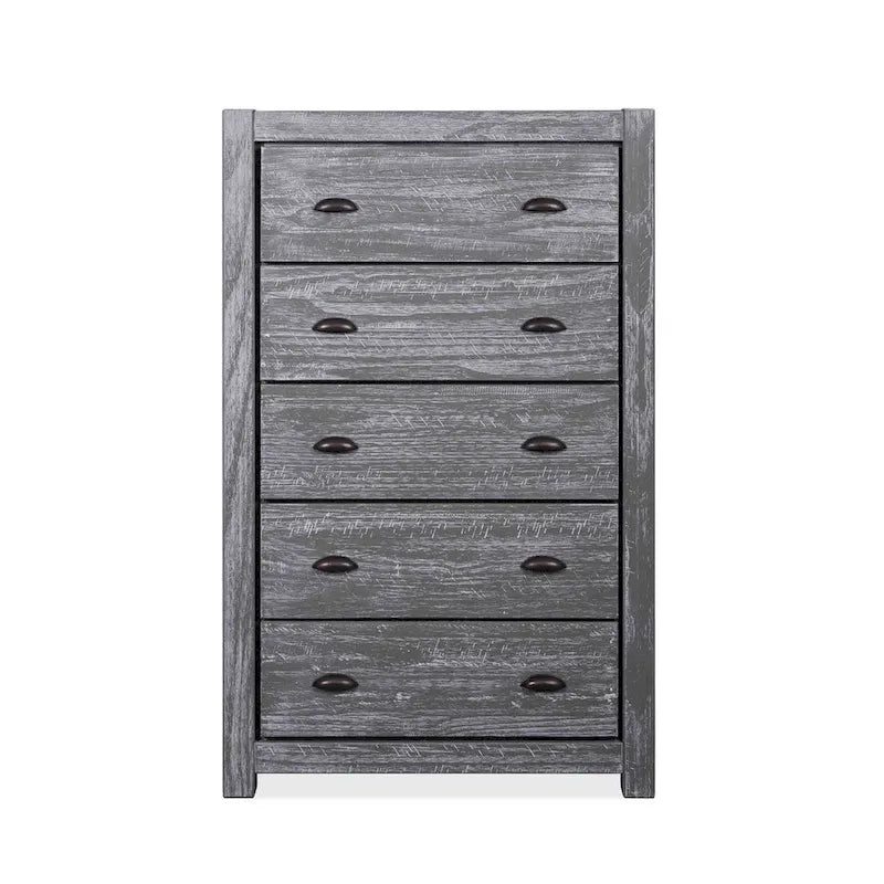 Commode en bois massif rustique à 5 tiroirs – Gris rustique / Blanc cassé / Noyer / Bois flotté / Noir campagnard