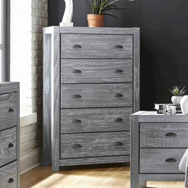 Commode en bois massif rustique à 5 tiroirs – Gris rustique / Blanc cassé / Noyer / Bois flotté / Noir campagnard