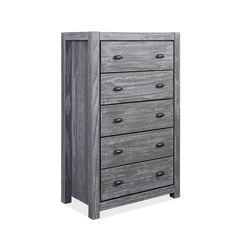 Commode en bois massif rustique à 5 tiroirs – Gris rustique / Blanc cassé / Noyer / Bois flotté / Noir campagnard
