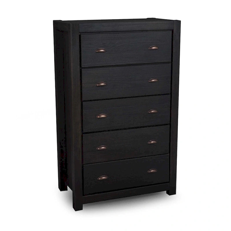 Commode en bois massif rustique à 5 tiroirs – Gris rustique / Blanc cassé / Noyer / Bois flotté / Noir campagnard
