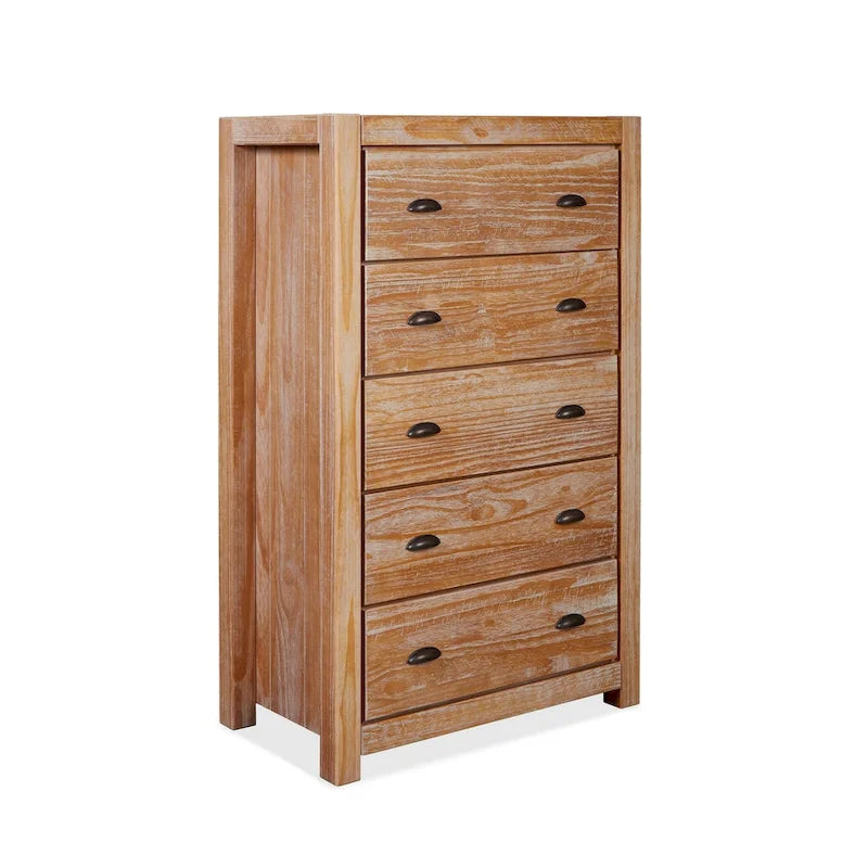 Commode en bois massif rustique à 5 tiroirs – Gris rustique / Blanc cassé / Noyer / Bois flotté / Noir campagnard