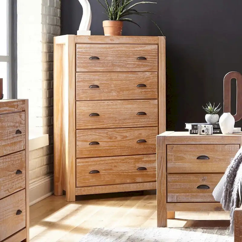 Commode en bois massif rustique à 5 tiroirs – Gris rustique / Blanc cassé / Noyer / Bois flotté / Noir campagnard