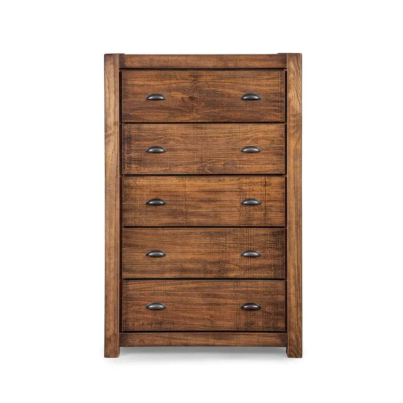 Commode en bois massif rustique à 5 tiroirs – Gris rustique / Blanc cassé / Noyer / Bois flotté / Noir campagnard