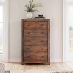 Commode en bois massif rustique à 5 tiroirs – Gris rustique / Blanc cassé / Noyer / Bois flotté / Noir campagnard