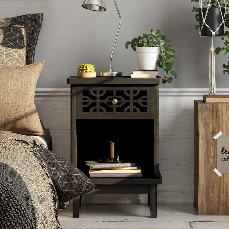 Table de chevet rustique Naturel/Gris/Noir avec tiroir et étagère ouverte, 1 personne