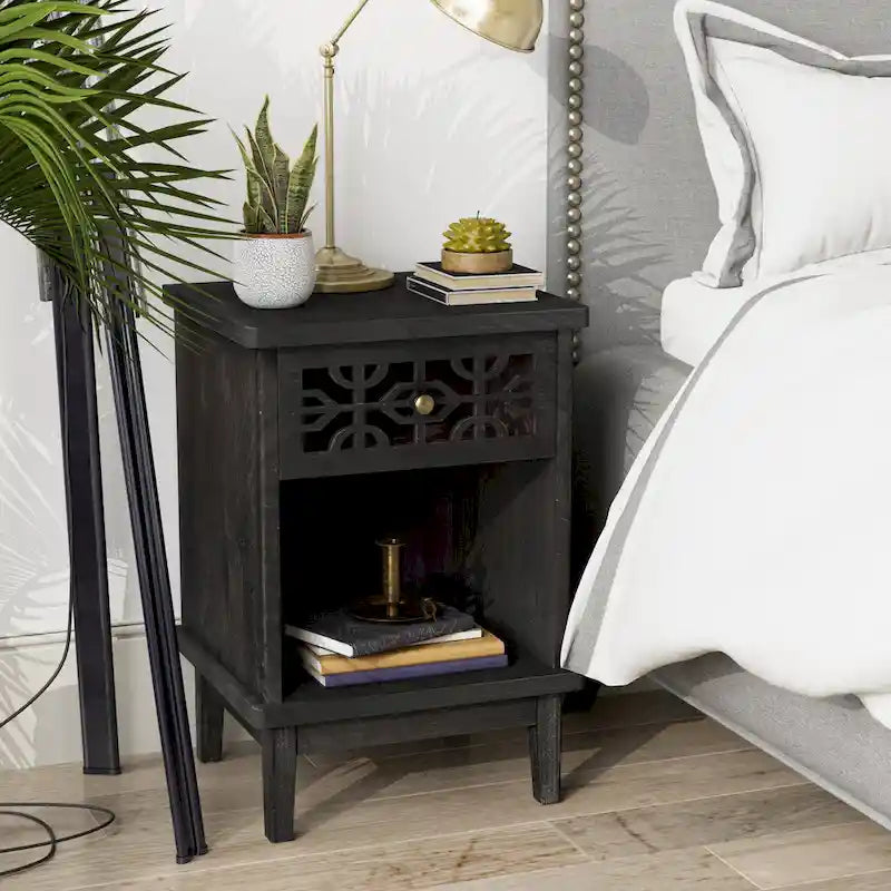 Table de chevet rustique Naturel/Gris/Noir avec tiroir et étagère ouverte, 1 personne