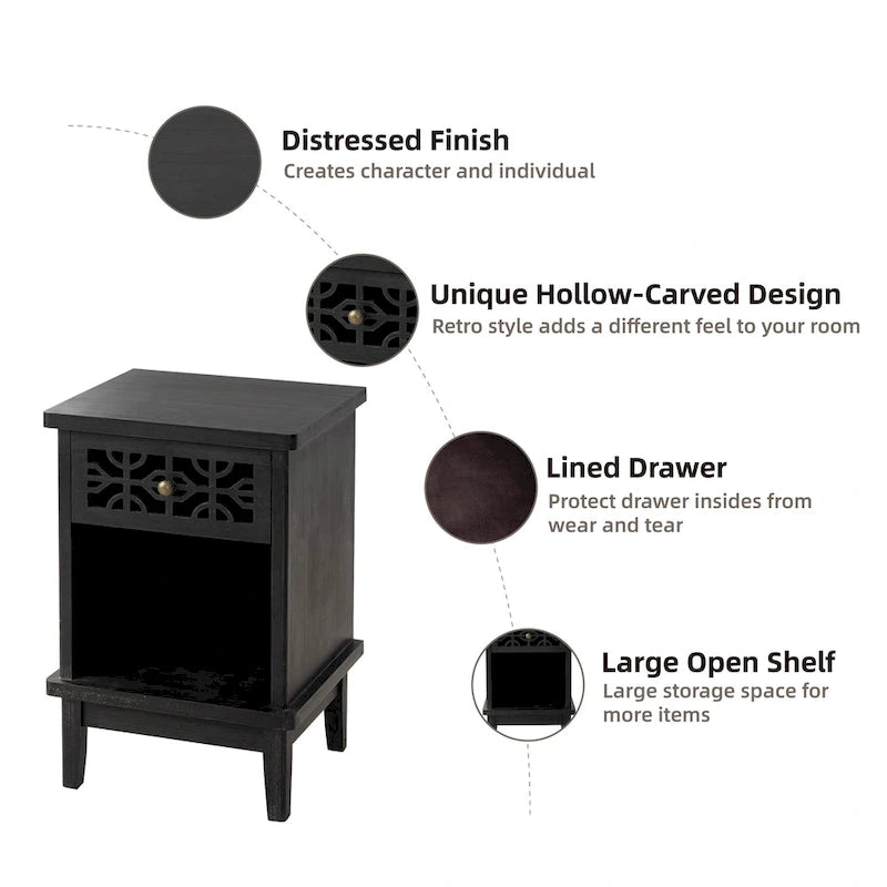 Table de chevet rustique Naturel/Gris/Noir avec tiroir et étagère ouverte, 1 personne