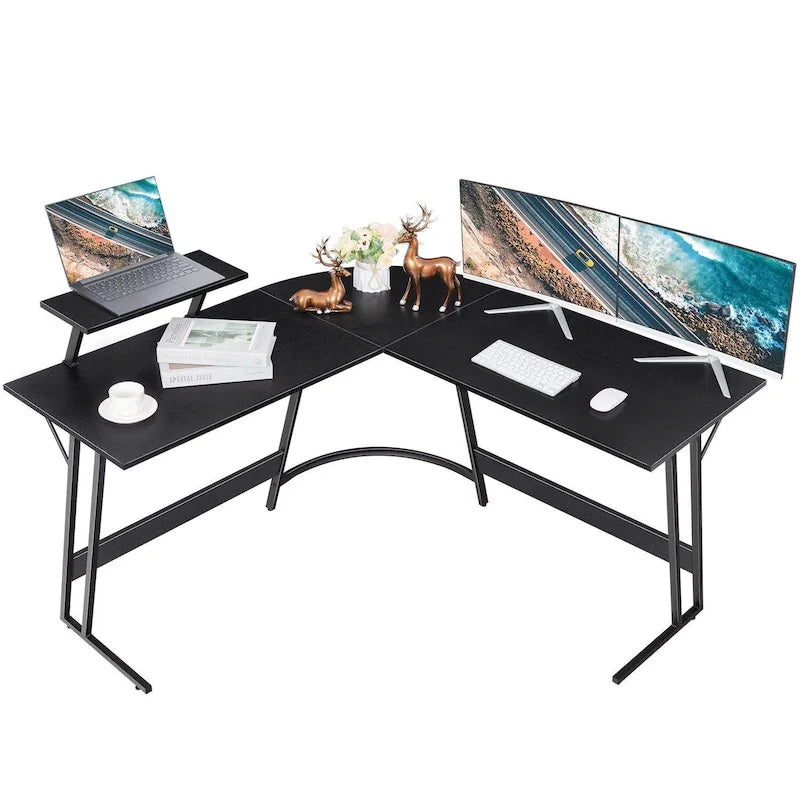 Bureau d'angle en L avec support pour écran, 1 personne, blanc/marron/noir