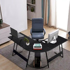 Bureau d'angle en L avec support pour écran, 1 personne, blanc/marron/noir