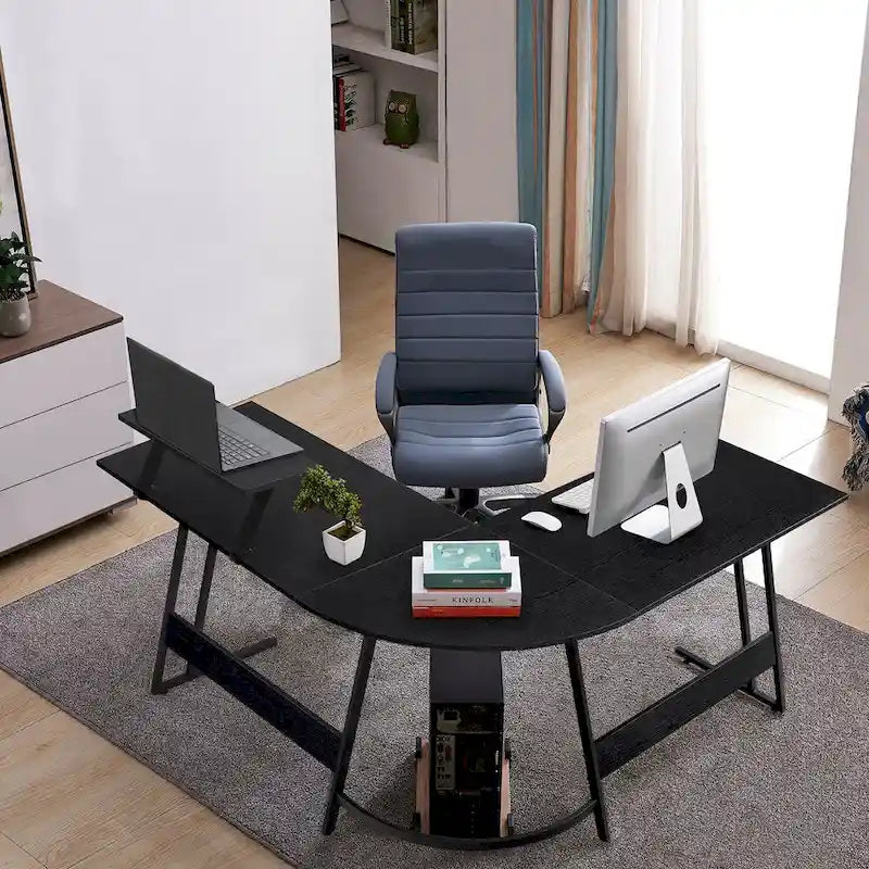 Bureau d'angle en L avec support pour écran, 1 personne, blanc/marron/noir