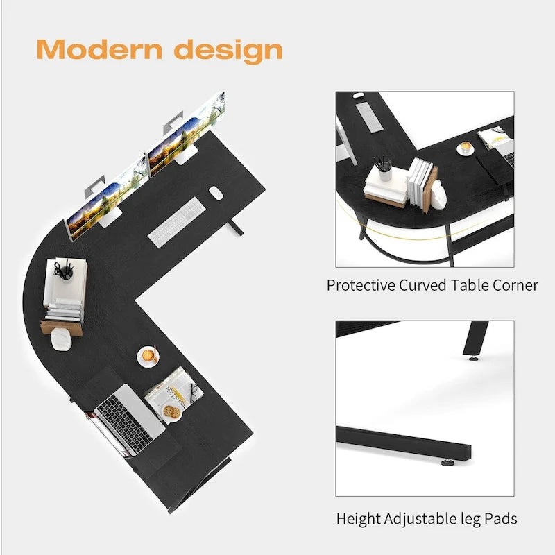 Bureau d'angle en L avec support pour écran, 1 personne, blanc/marron/noir