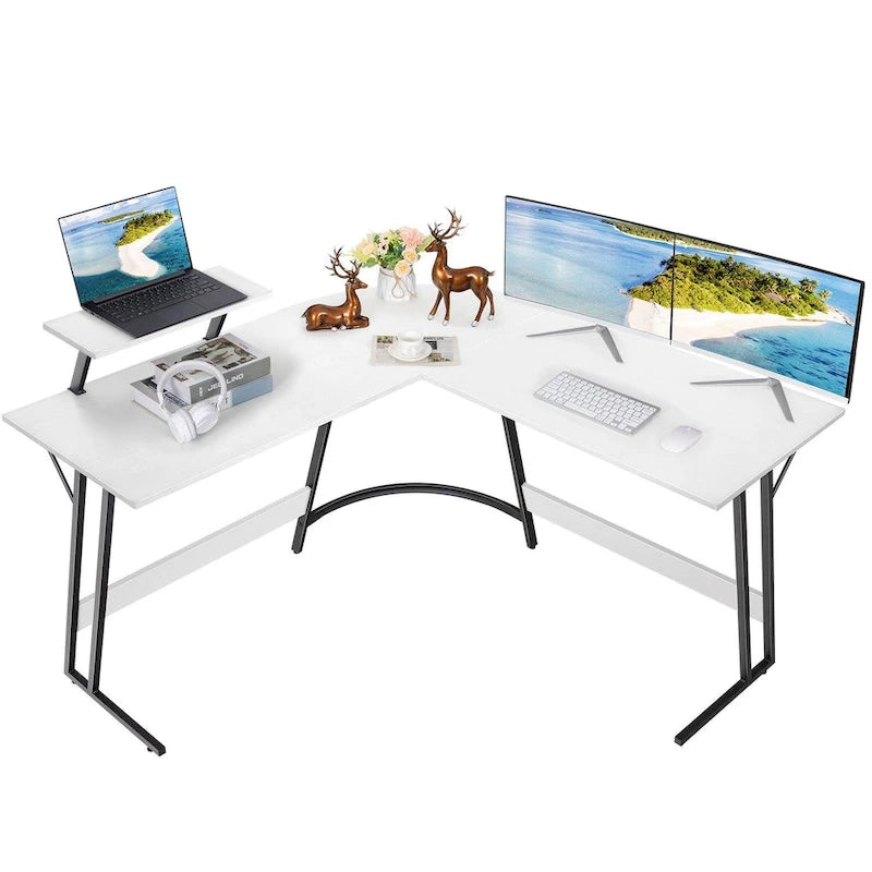 Bureau d'angle en L avec support pour écran, 1 personne, blanc/marron/noir