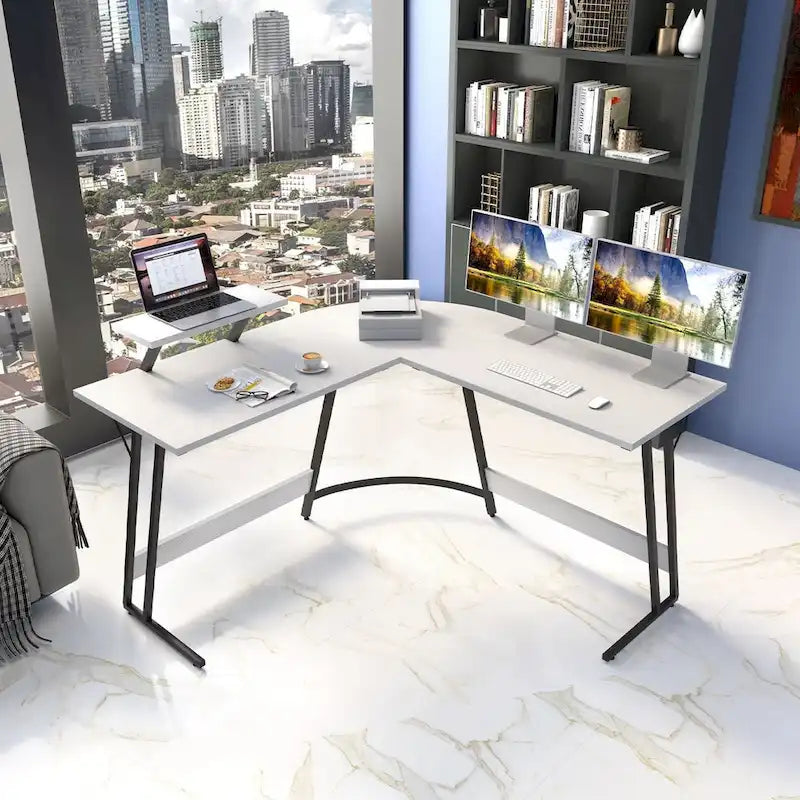 Bureau d'angle en L avec support pour écran, 1 personne, blanc/marron/noir