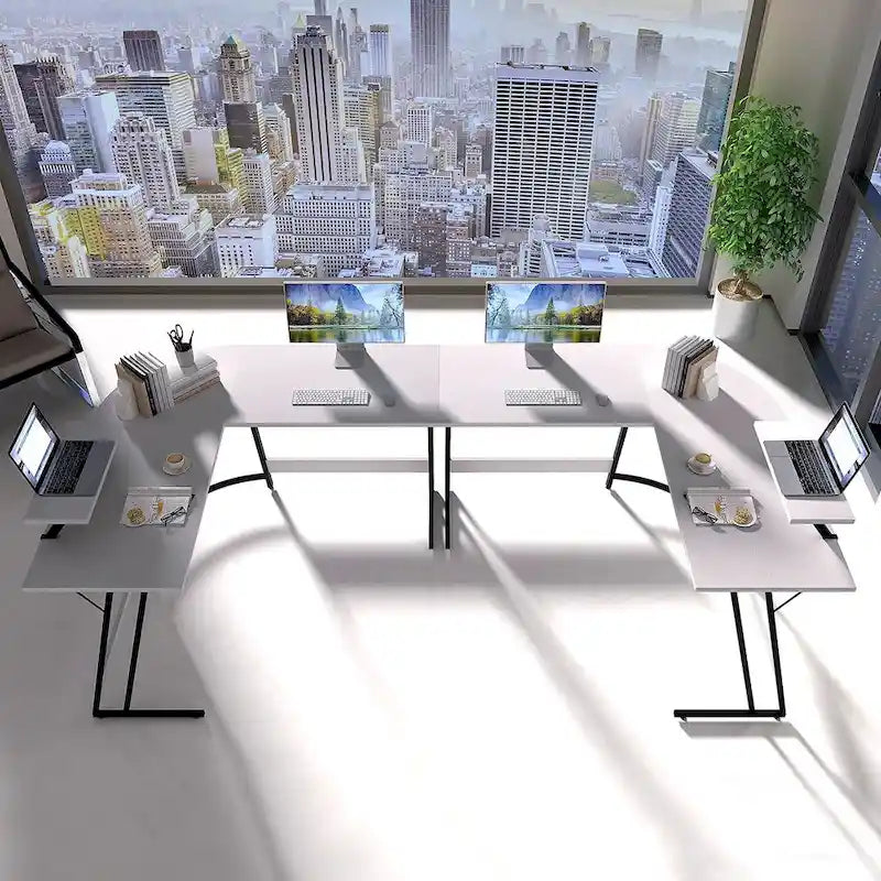 Bureau d'angle en L avec support pour écran, 1 personne, blanc/marron/noir