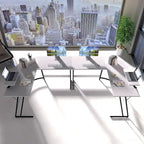 Bureau d'angle en L avec support pour écran, 1 personne, blanc/marron/noir