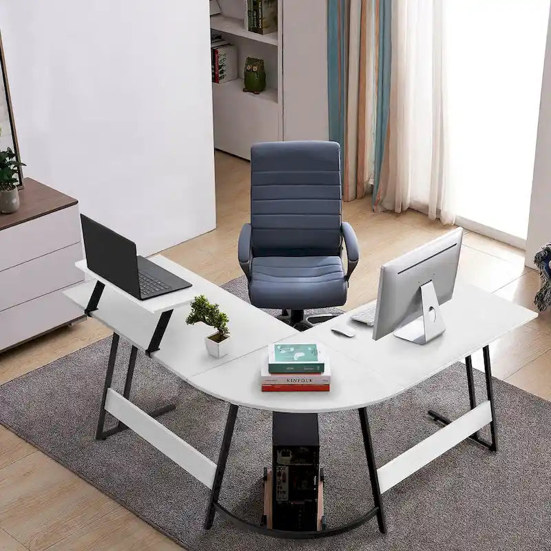 Bureau d'angle en L avec support pour écran, 1 personne, blanc/marron/noir