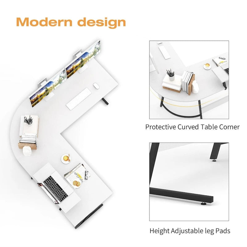 Bureau d'angle en L avec support pour écran, 1 personne, blanc/marron/noir