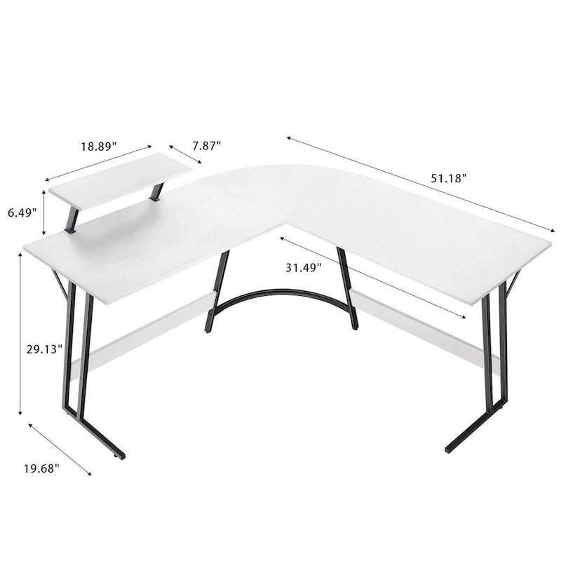 Bureau d'angle en L avec support pour écran, 1 personne, blanc/marron/noir