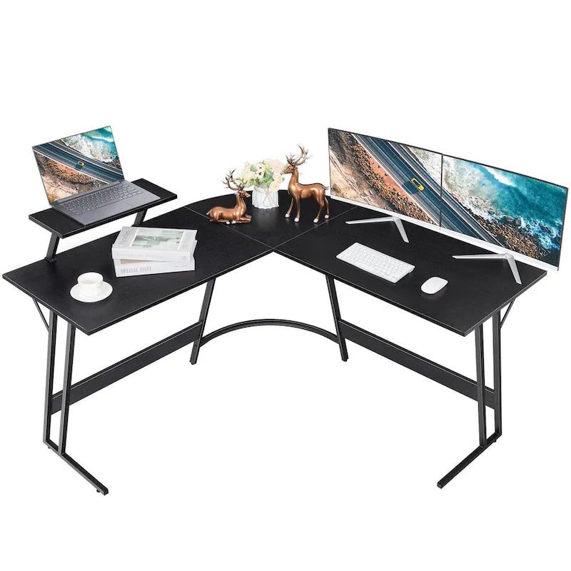 Bureau d'angle en L avec support pour écran, 1 personne, blanc/marron/noir