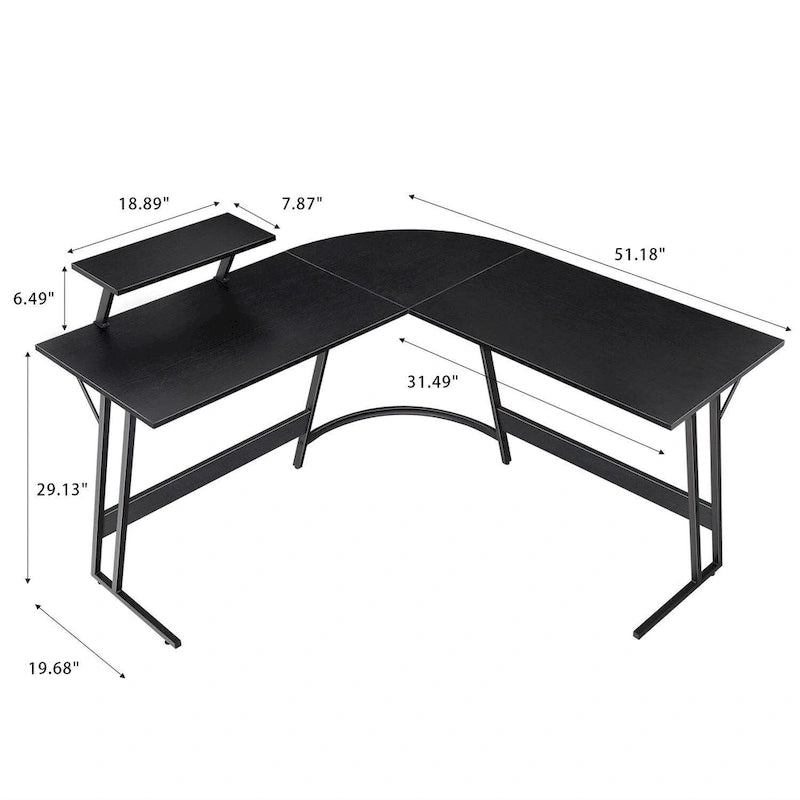 Bureau d'angle en L avec support pour écran, 1 personne, blanc/marron/noir